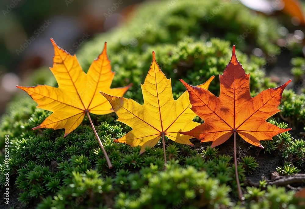 Three autumn maple leaves on green moss Three autumn maple leaves on green moss