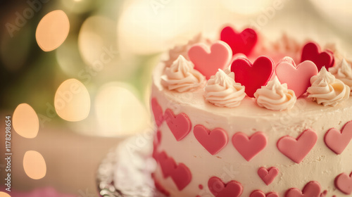 love themed cake decorated with pink and red hearts, perfect for celebrations. soft focus background adds romantic touch, making it ideal for special occasions