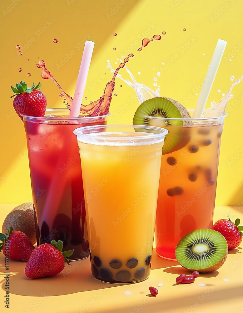 Three drinks with straws and fruit splashing with yellow backdrop