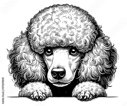 Hand drawn cute peeking Poodle portrait, vector sketch isolated on white background, SVG vector	