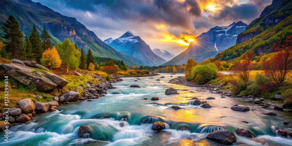 Obraz premium Norway River Mountains Bokeh Landscape Photography - Stunning Scenery, Breathtaking Views