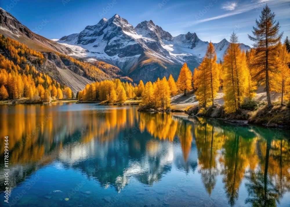 Fototapeta premium Orceyrette Lake Autumn Photography, Golden Larch Trees, Briançon Hautes-Alpes, French Alps Snow Peak Landscape