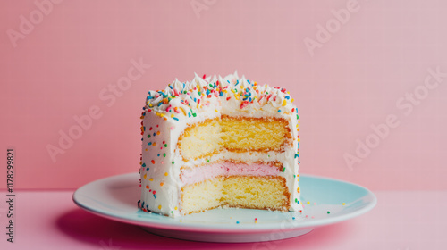 Delightful cake with colorful sprinkles and surprise filling, showcasing layers of yellow and pink sponge. Perfect for celebrations and joyful moments