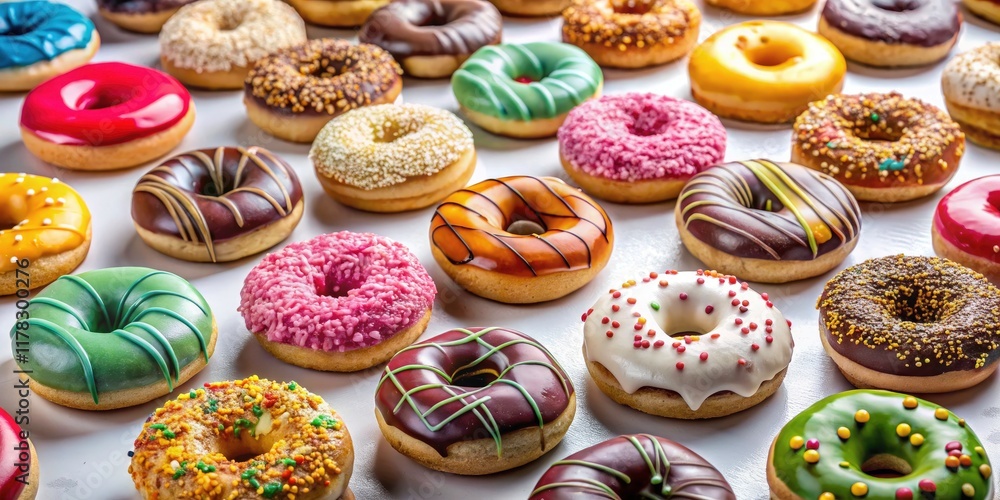 Panoramic Donut Photography: Delicious Glazed Donuts Pattern on White Background Panoramic Donut Photography: Delicious Glazed Donuts Pattern on White Background