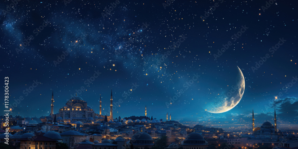 Fototapeta premium A night scene of a city with a large mosque, multiple minarets, and a crescent moon in the sky, surrounded by numerous stars, creating a serene and picturesque atmosphere