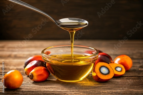 Palm Oil Dripping from Spoon onto Bowl with Fresh Fruit photo