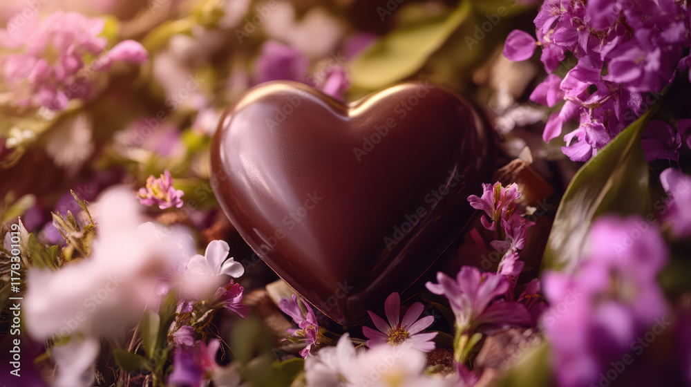 chocolate heart surrounded by vibrant flowers creates romantic atmosphere, perfect for expressing love and affection. soft focus enhances dreamy quality of this delightful scene chocolate heart surrounded by vibrant flowers creates romantic atmosphere, perfect for expressing love and affection. soft focus enhances dreamy quality of this delightful scene