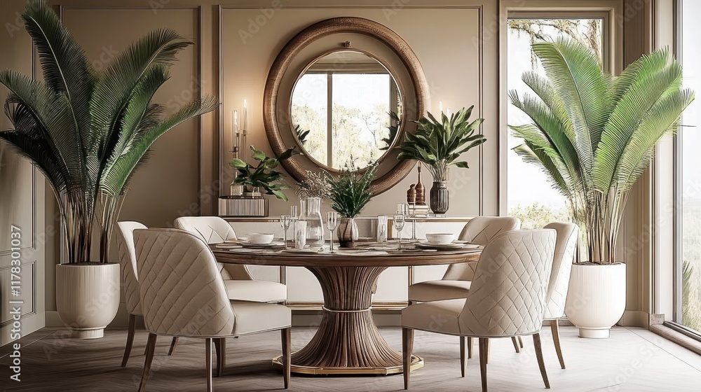 Fototapeta premium Luxurious dining room, Moroccan-inspired arched doorway, round wooden table, cream upholstered chairs, ornate ceiling molding, large potted plants, warm lighting, elegant table setting, symmetrical de