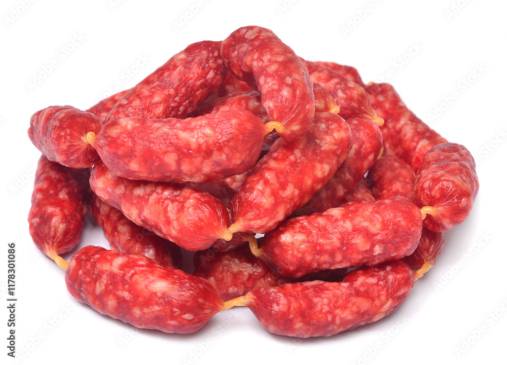 Small dry smoked sausages for beer isolated on white background Small dry smoked sausages for beer isolated on white background