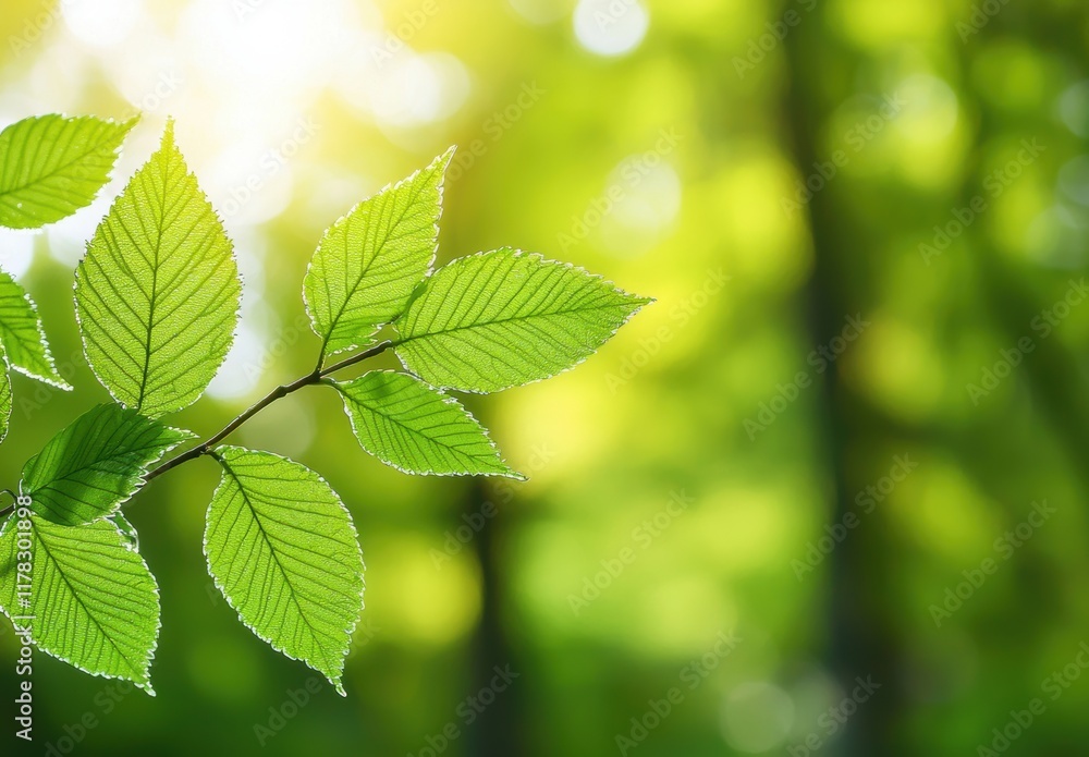Fresh Green Leaves on Branch against Blurred Green Background Fresh Green Leaves on Branch against Blurred Green Background
