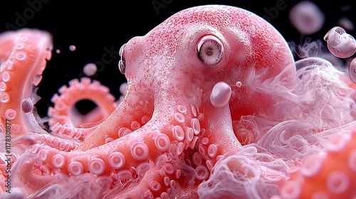 Pink octopus in swirling smoke underwater. photo