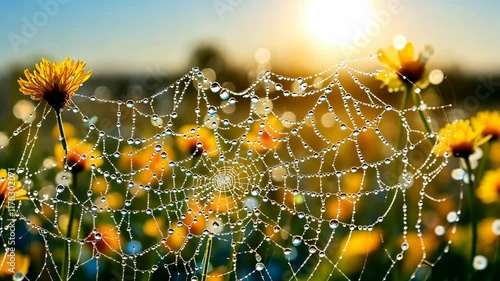 Dewdrops glisten on a spider web woven among vibrant yellow flowers in the morning light