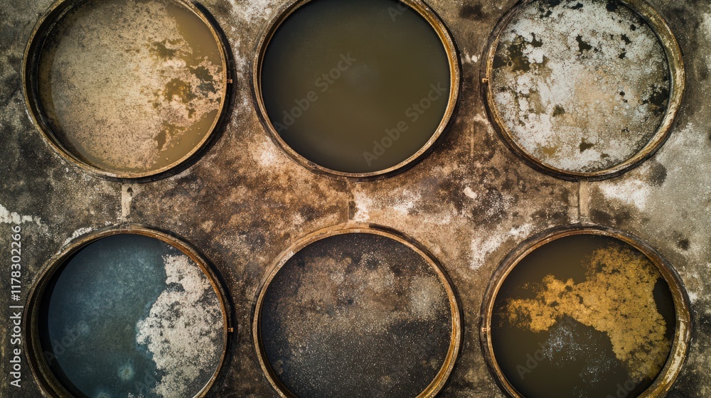 A row of dirty, rusted metal bowls filled with murky water A row of dirty, rusted metal bowls filled with murky water