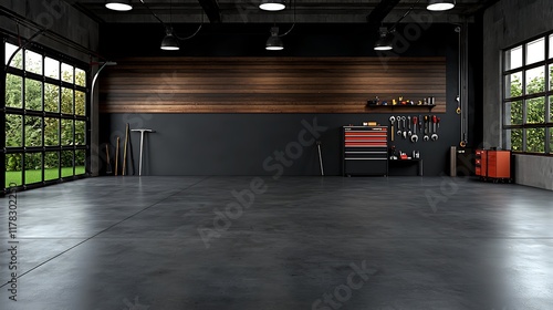 Modern, spacious garage interior with polished concrete floor, wood paneling, large windows, and tools.