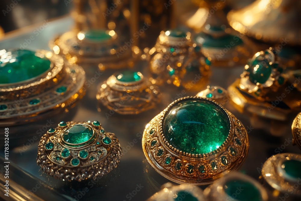 Close-up of ornate gold jewelry with vibrant green gemstones, displayed on a glass surface. Close-up of ornate gold jewelry with vibrant green gemstones, displayed on a glass surface.