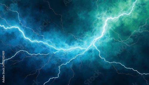 White lightning strikes against blue and green sky