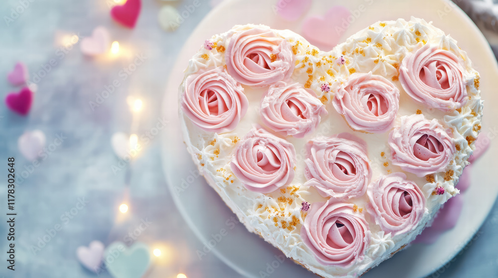 heart shaped cake decorated with pink rose icing, soft lighting creates romantic atmosphere. Perfect for celebrations like anniversaries or Valentine Day heart shaped cake decorated with pink rose icing, soft lighting creates romantic atmosphere. Perfect for celebrations like anniversaries or Valentine Day