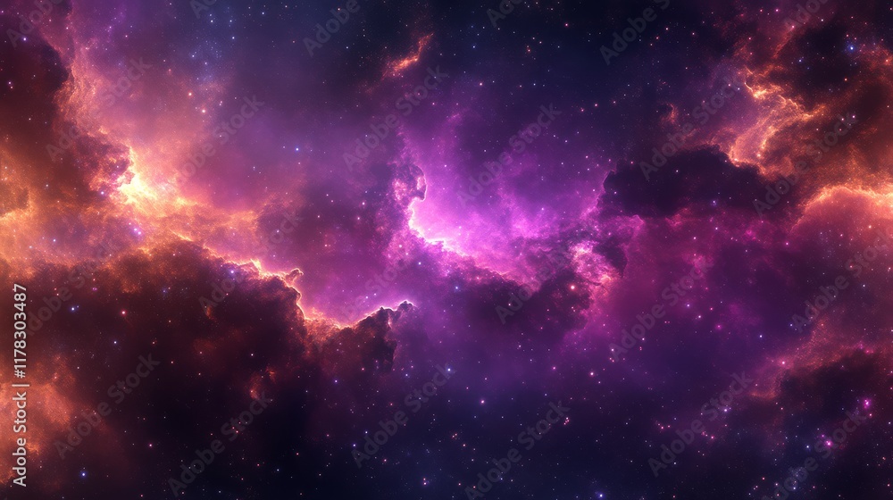 Fototapeta premium A vibrant cosmic scene showcasing a nebula with shades of purple, blue, and orange, filled with stars and swirling clouds of gas.