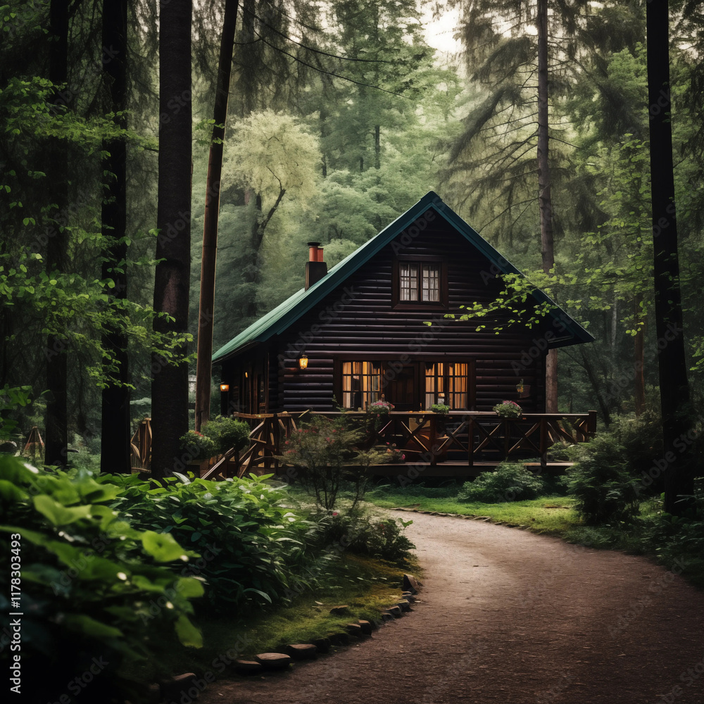 Wooden Cabin in Lush Forest Evening Light Path Wooden Cabin in Lush Forest Evening Light Path