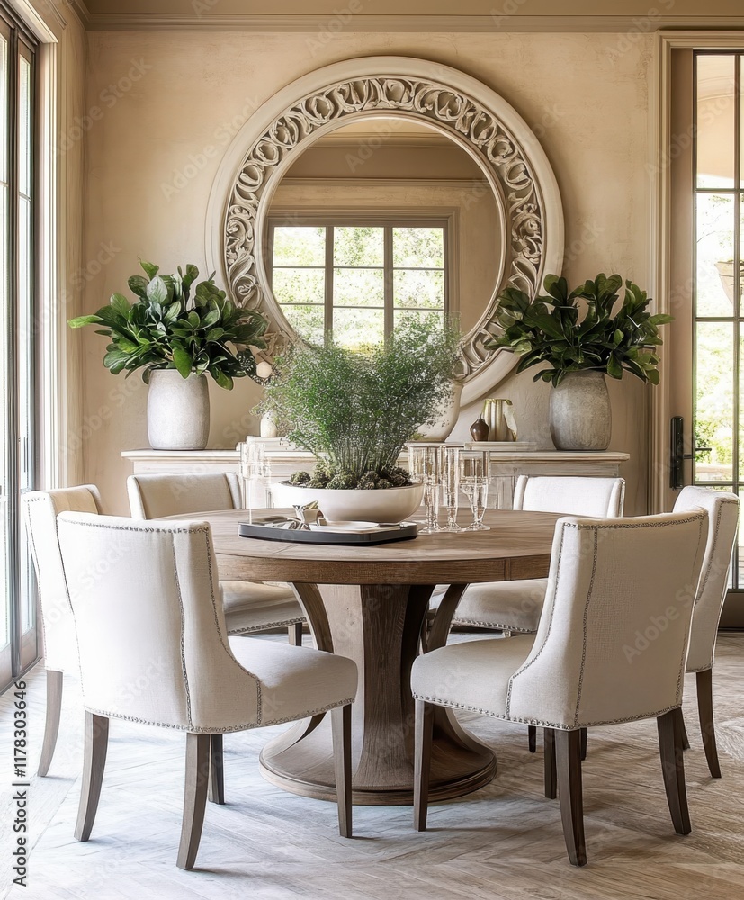 Fototapeta premium Luxurious dining room, Moroccan-inspired arched doorway, round wooden table, cream upholstered chairs, ornate ceiling molding, large potted plants, warm lighting, elegant table setting, symmetrical de