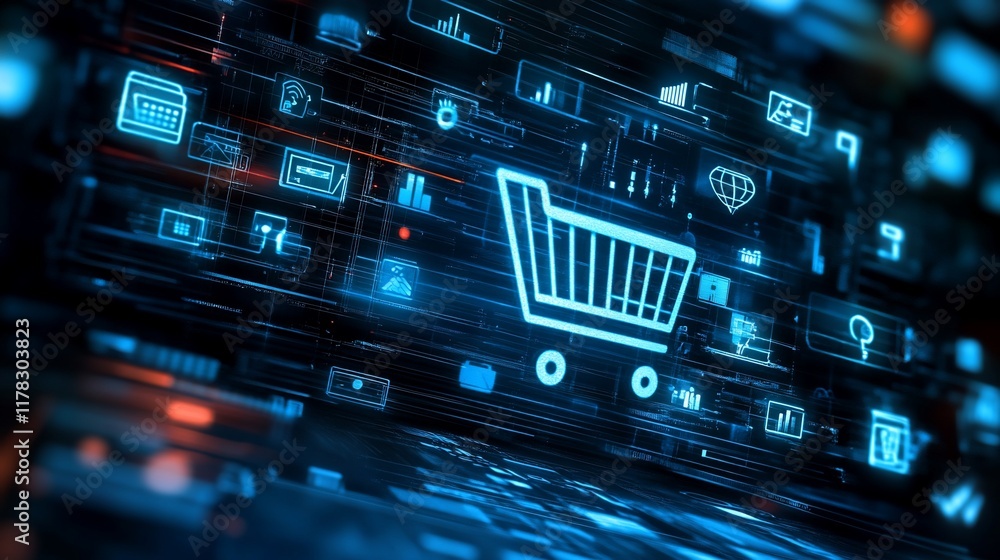 Digital shopping cart icon on a laptop screen with data visualization. Digital shopping cart icon on a laptop screen with data visualization.