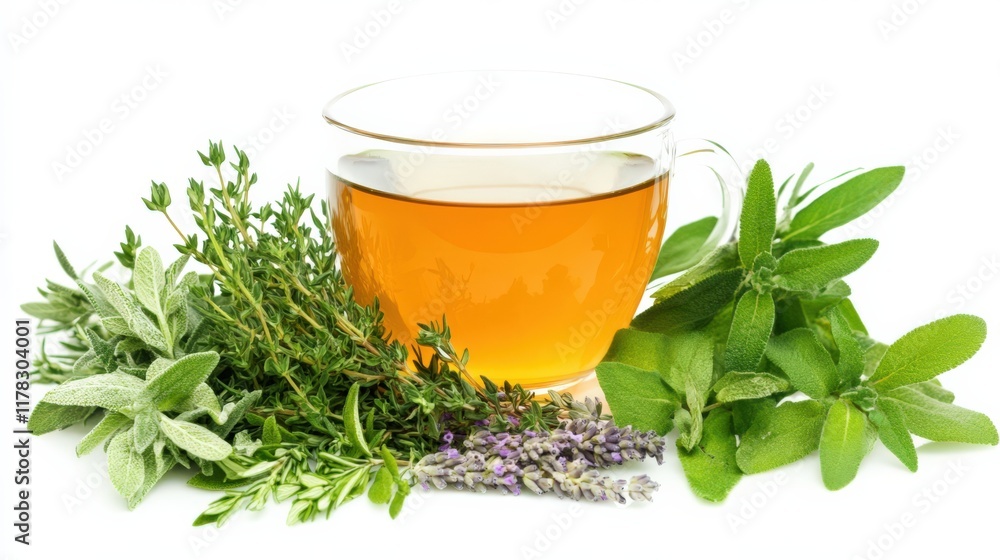A cup of tea with herbs and flowers on a white background