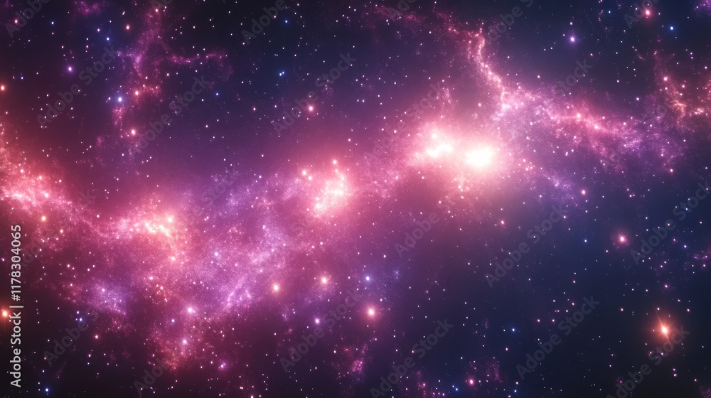 Naklejka premium A vibrant cosmic scene filled with pink and purple nebulae, sparkling stars, and swirling galaxies, capturing the beauty of the universe.