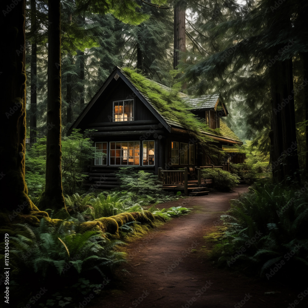 MossCovered Cabin in Pacific Northwest Forest MossCovered Cabin in Pacific Northwest Forest