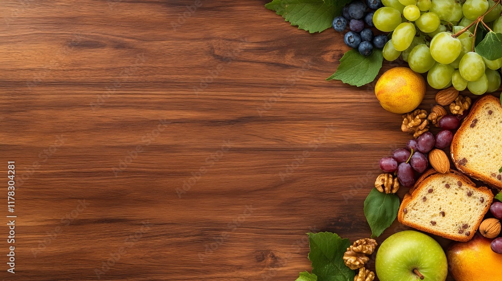 A wooden table adorned with fruits, nuts, and slices of cake, creating a vibrant, inviting display. A wooden table adorned with fruits, nuts, and slices of cake, creating a vibrant, inviting display.