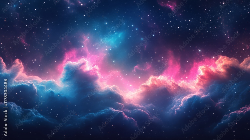 A vibrant cosmic scene featuring colorful nebulae and starry skies, blending hues of blue, pink, and purple amidst swirling clouds.