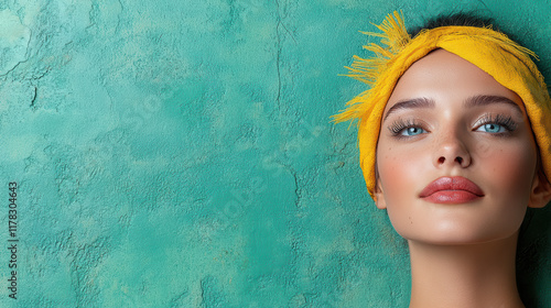 stunning woman with yellow headband poses against turquoise background