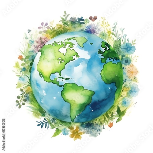 Watercolor earth surrounded by lush greenery and blooming flowers