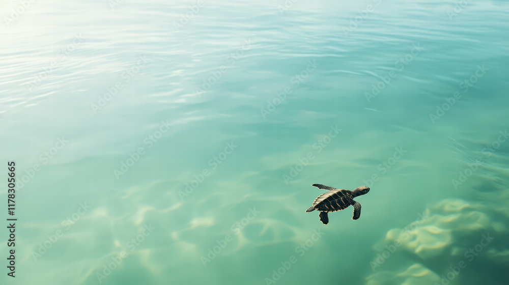 Fototapeta premium little turtle swimming in crystal clear sea, surrounded by tranquil waters and gentle waves, creates serene underwater scene