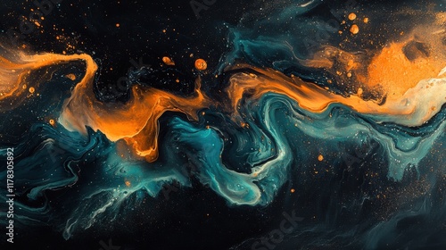 Orange and teal swirl on black canvas with grainy texture