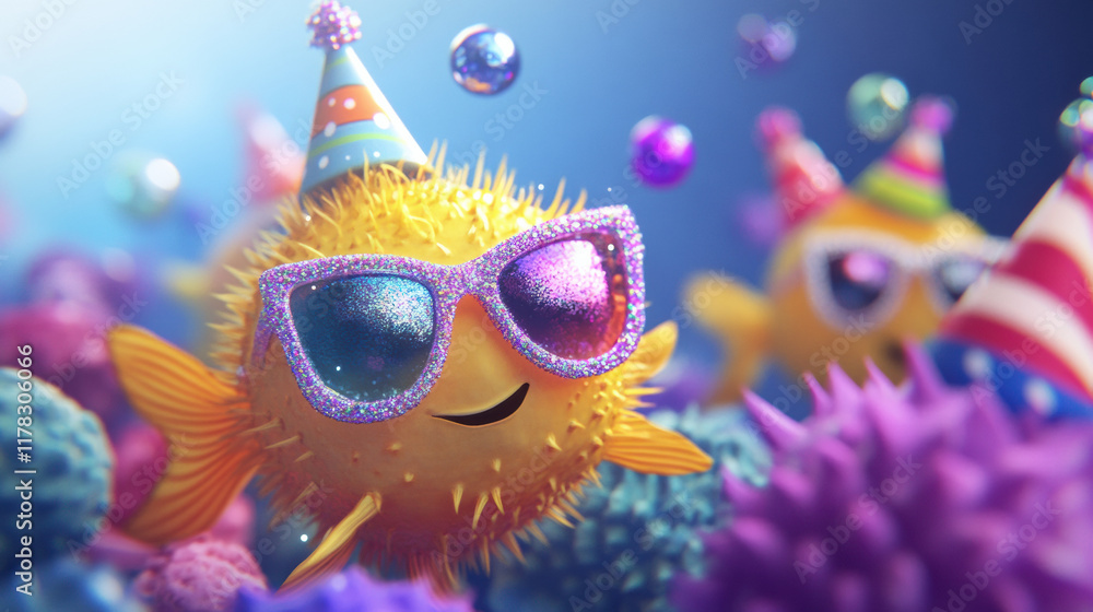 Colorful pufferfish wearing party hats and sunglasses celebrate joyfully Colorful pufferfish wearing party hats and sunglasses celebrate joyfully