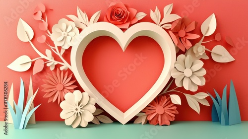 Valentine's Day paper cut out background concept. Colorful paper flowers surround a heart-shaped cutout against a vibrant background
