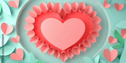 Valentine's Day paper cut out background concept. Colorful paper hearts arranged in a decorative pattern on a background