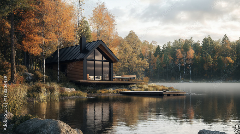 Obraz premium Cozy Cabin by the Autumn Lake