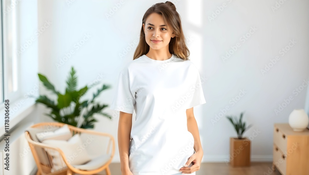 Customizable White T-Shirt Mockup Worn by a Stylish Woman Customizable White T-Shirt Mockup Worn by a Stylish Woman
