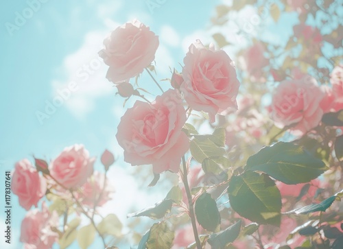 Pink roses in full bloom, soft-focus photography, blue sky background, garden setting, close-up shot, delicate petals and green leaves, sunlight filtering through the branches, a romantic atmosphere. 