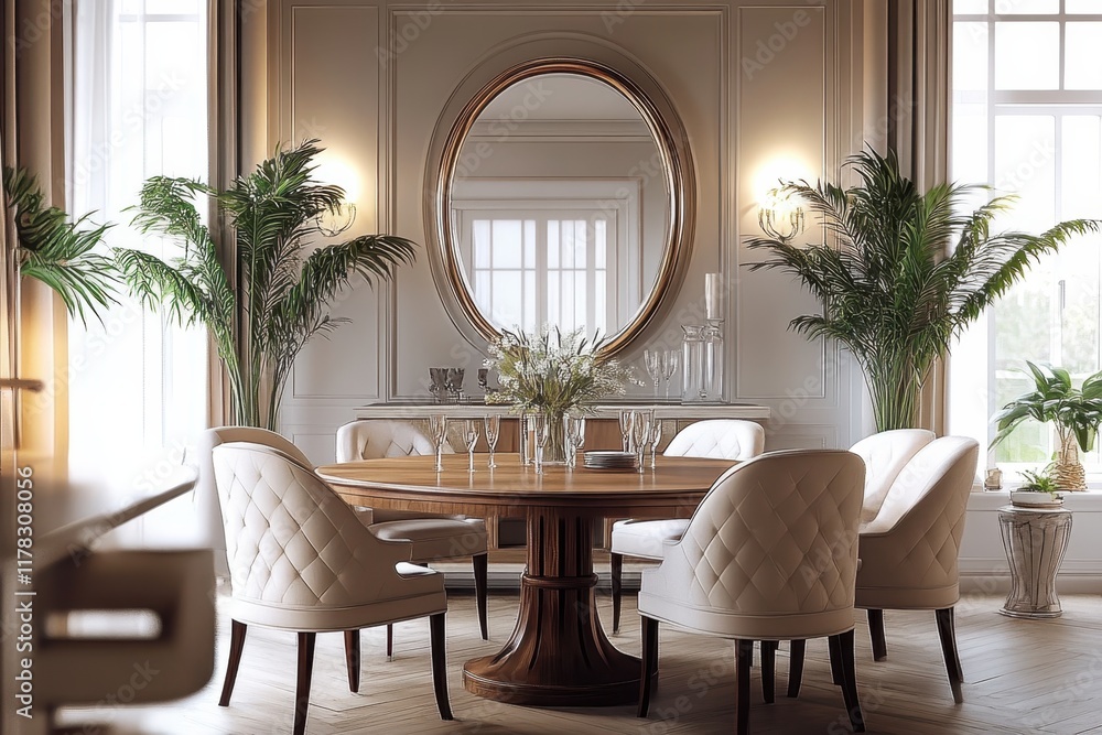 Fototapeta premium Elegant dining room, round wooden table, beige upholstered chairs, large circular mirror, natural light, indoor plants, neutral color palette, modern rustic design, white walls, arched windows, minima