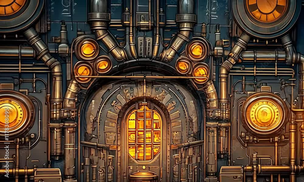 Industrial Steampunk Wall with Pipes and Gears Featuring Round Windows ...