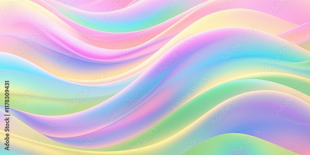 Obraz premium Abstract colorful background with soft, wavy patterns flowing horizontally. Vibrant pastel colors, including pink, blue, purple, green, and yellow, blend smoothly with a gradient effect.