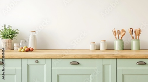 Minimalist kitchen counter with wooden countertop, light green cabinets, and kitchen utensils.