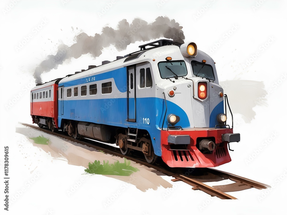 Fototapeta premium Watercolor Classic Train, Passenger Train, Cartoon Locomotives Clipart, Antique Train, Printable, Digital download, Paper craft, junk journal, Wall art, Nursery, Railway Transport