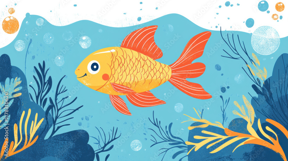 Fototapeta premium cheerful goldfish swims among colorful underwater plants and bubbles