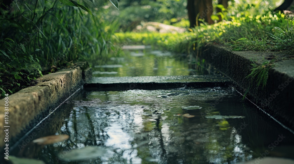 A small stream of water flows through a lush green forest A small stream of water flows through a lush green forest