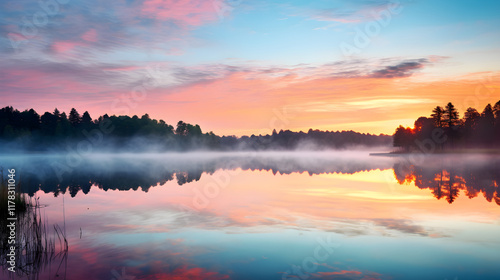 Wallpaper Mural Tranquil Morning at a Lake Cabin: Vivid Sunrise Reflecting off Calm Waters with Silhouetted Pier Torontodigital.ca