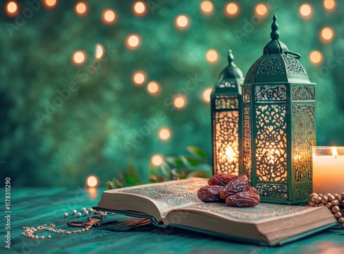 Ramadan background, in the color green, with Arabic lanterns and dates on the table, candlelight, a holy Quran, and rosary beads. Copy space for text.  photo