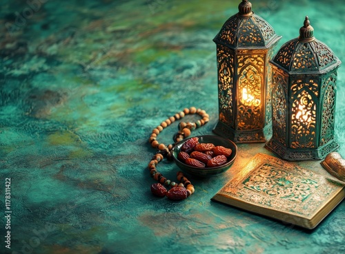 Ramadan background, in the color green, with Arabic lanterns and dates on the table, candlelight, a holy Quran, and rosary beads. Copy space for text.  photo